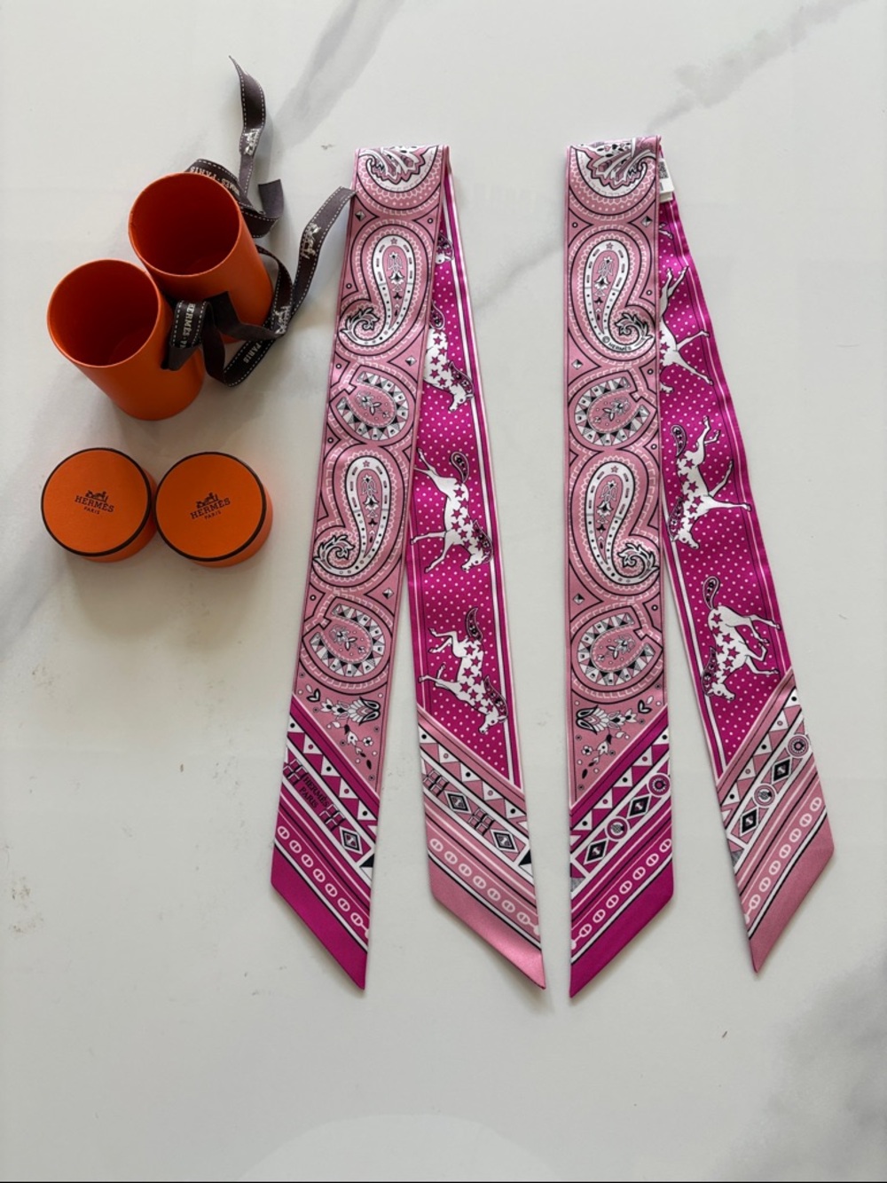 Pair Hermès Fuchsia Horse Motif Cheval de bandana Silk Twilly